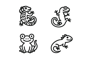Cute cartoon geckos, lizards, and a smiling frog in stylized outline drawing