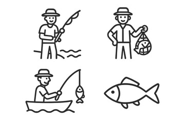 Line icons of fisherman casting, catching, and hauling fish