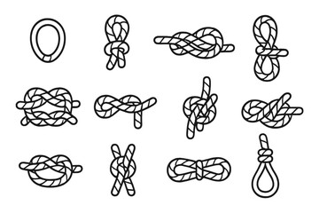 Twelve different rope knots used for nautical, climbing, and securing purposes © icon_art