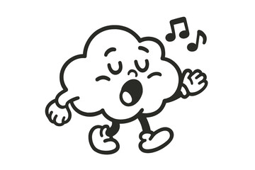 Cheerful cloud mascot character singing loudly with musical notes floating around its head