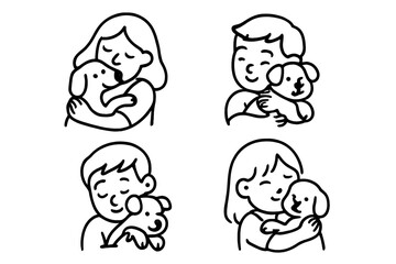 Children embracing small dogs in simple outline style