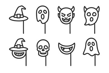 Eight spooky Halloween photo booth props on sticks outline icons © Andrei