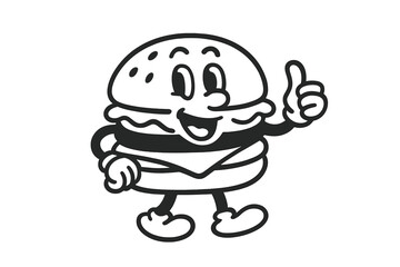 Retro cartoon hamburger mascot character giving a thumbs up gesture