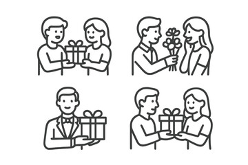 Line icons set representing giving gifts and flowers for special occasions