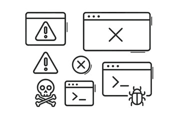 Set of computer error warning danger and bug icons in outline style