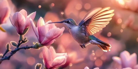 Obraz premium Hummingbird flying and drinking nectar from pink magnolia flower at sunset