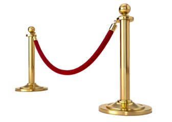 Golden stanchions with a red rope barrier for crowd control at events, exclusive access, and VIP areas, ideal for award ceremonies and premieres.