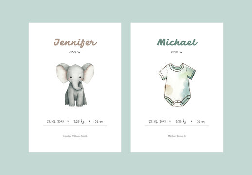 Two Minimalistic Baby Born Announcement Cards