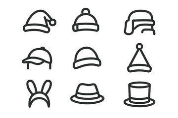 Collection of simple outline icons representing various headwear and hats