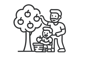 Father and child picking fresh apples from tree into basket