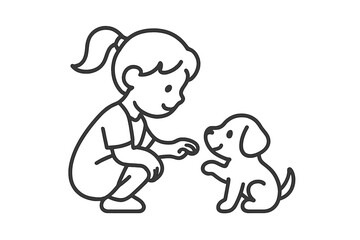 Young child crouching down to interact with happy puppy outline drawing