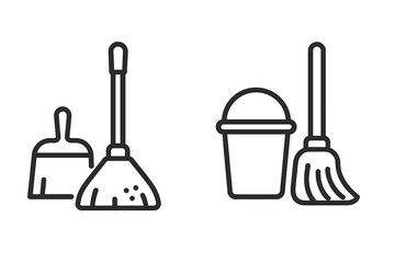 Set of cleaning tools icons featuring dustpan, broom, and bucket