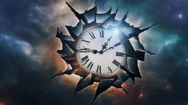 Dramatic conceptual illustration depicting a vintage clock face forcefully emerging from a jagged tear in the cosmic fabric, representing the elusive nature of time and space