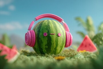 Watermelon with Headphones in Techno-Nature Scene
