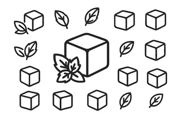 Outline style icons of ice cube and fresh mint leaf elements © icon_art