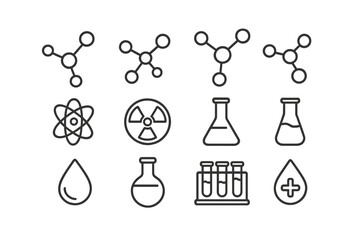 Basic chemistry and science line icons for laboratory and research concepts