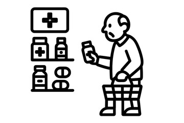Older adult selecting pharmaceutical products from display shelves in a modern drugstore