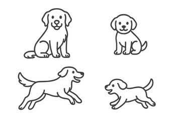 Set of happy dog and puppy line art icons in sitting and running poses