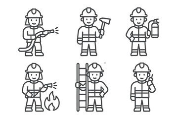 Naklejka premium Six simple line icons showing firefighters with tools and emergency actions