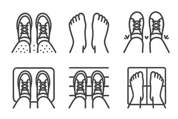Collection of icons representing human feet standing on floor scale and ground