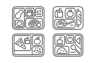 Four cafeteria lunch tray icons showing different meal combinations