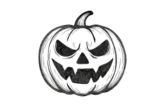 Menacing carved pumpkin face hand drawn monochrome sketch style