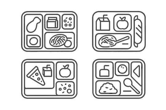 Four cafeteria lunch tray icons showing different meal combinations