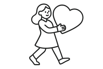 Joyful young woman walking while holding large heart shape outline