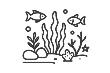 Outline drawing of two fish swimming above underwater plants and rocks