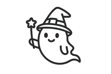 Cute cartoon ghost wearing wizard hat and holding magic wand