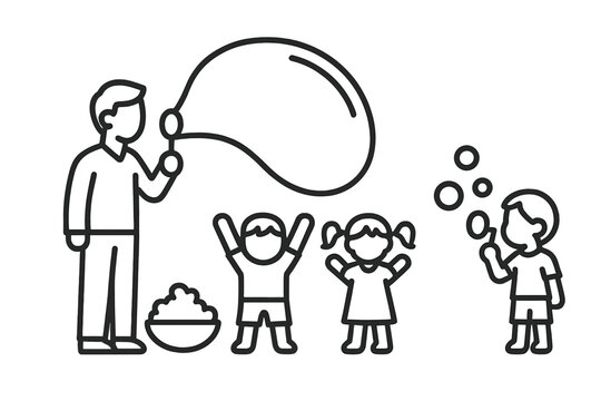 Family blowing and watching soap bubbles during outdoor playtime activity