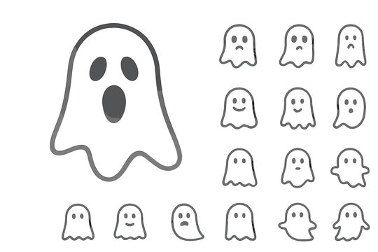 Collection of cute and spooky ghost icons with various facial expressions