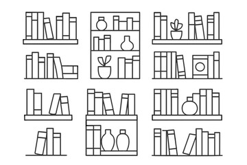 Fototapeta premium Outline icons showing various bookshelves and arrangements of books