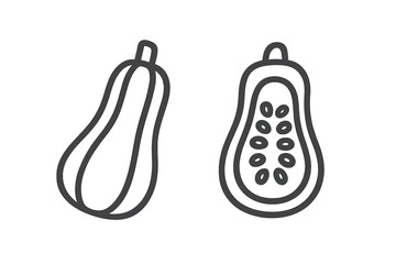 Butternut squash whole and halved outline icons set