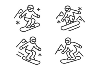 Snowboarder action poses set with mountain and snow icons