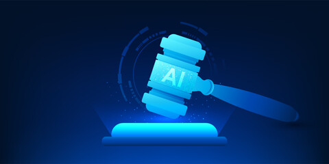 AI Technology Justice Concept, Artificial Intelligence Supporting Fair Court Decision, Smart Law System Without Human Bias, justice hammer with AI chip,Judicial Technology, Future Law