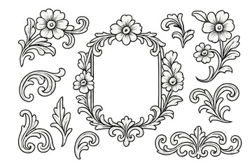Obraz premium Black and white baroque floral frame and scrollwork elements collection