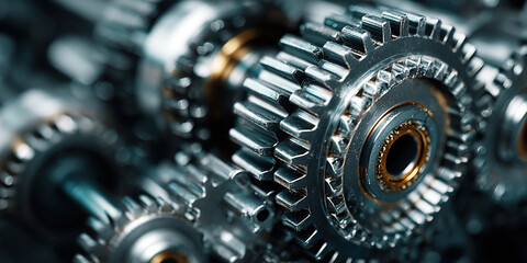 Shiny new mechanism showcases intricate operation of flywheels pistons and gears in macro focus