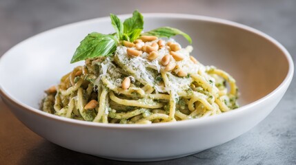 Delicious Plate of Spaghetti with Pesto Sauce, Fresh Basil, and Pine Nuts in a Modern White Bowl on a Textured Grey Surface