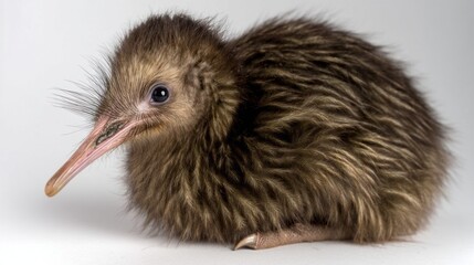 A young North Island brown kiwi chick sits comfortably in a safe space, showcasing its delicate features and fluffy plumage. This small wonder is at an adorable stage of growth