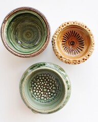 Assortment of Handcrafted Ceramic Bowls with Unique Textures and Colors.