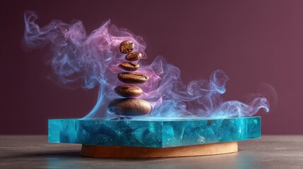 Balanced Stack of Wooden Stones on Blue Base with Purple Smoke.