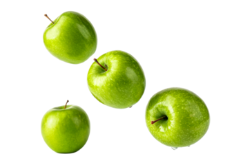 Collection of fresh green apples captured from various angles, perfect for healthy food advertising and healthy eating concepts.