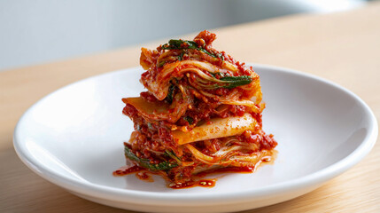 Fresh and Spicy Traditional Korean Kimchi Served on a Simple White Plate for Authentic Korean Cuisine