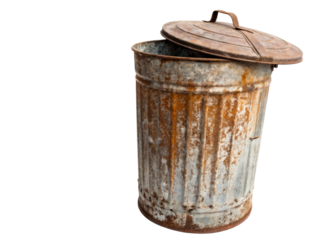 Old weathered metal trash can with lid ajar, showing rust and dents, perfect for representing urban decay or vintage industrial themes.