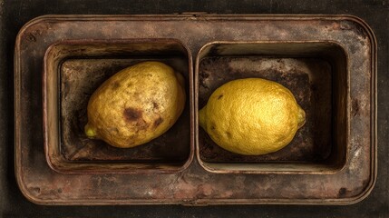 Baked Potato and Lemon in Rustic Metal Tray.