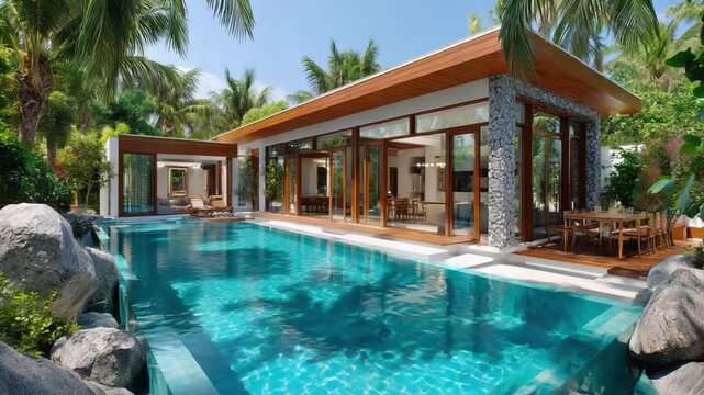 Tropical Oasis Villa: An exquisite villa nestled amidst lush tropical foliage, boasting a refreshing swimming pool, merging indoor and outdoor living in an idyllic paradise. 