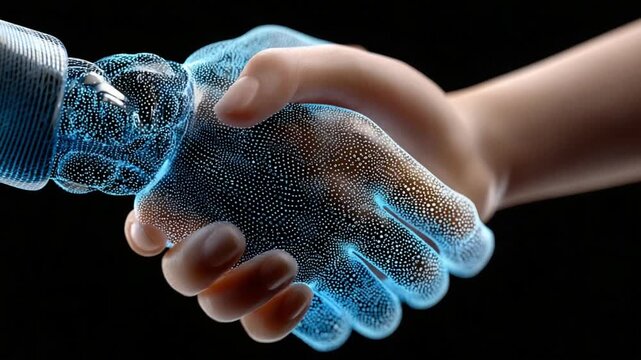 Digital Partnership: A futuristic handshake between a human and a digital entity symbolizes the dawn of technological collaboration. The image highlights a fusion of human and digital elements.