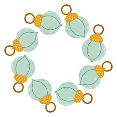 Vector illustration of a circular decorative frame made of hand drawn holiday elements. Festive and cozy wreath design perfect for Christmas and New Year cards, invitations, packaging, stickers.