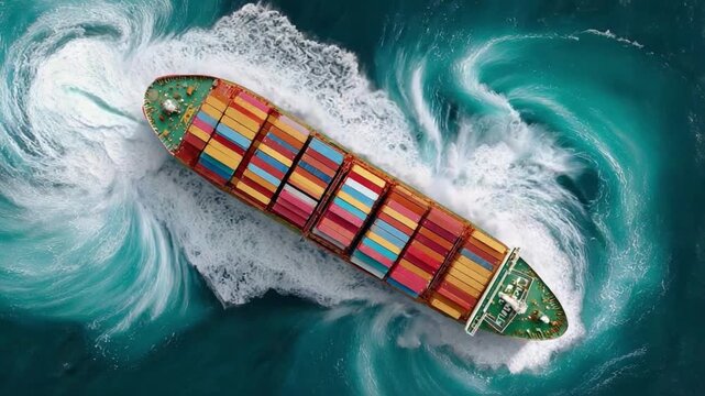 Oceanic Commerce: An aerial view showcases a container ship navigating the vast ocean waters, symbolizing international trade and global logistics. The ship, laden with vibrant containers.